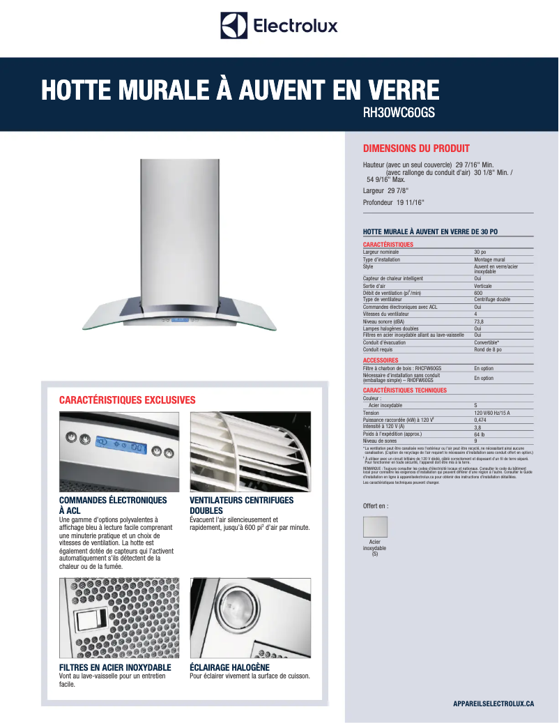 Page 1 de la notice Fiche technique Electrolux RH30WC60GS