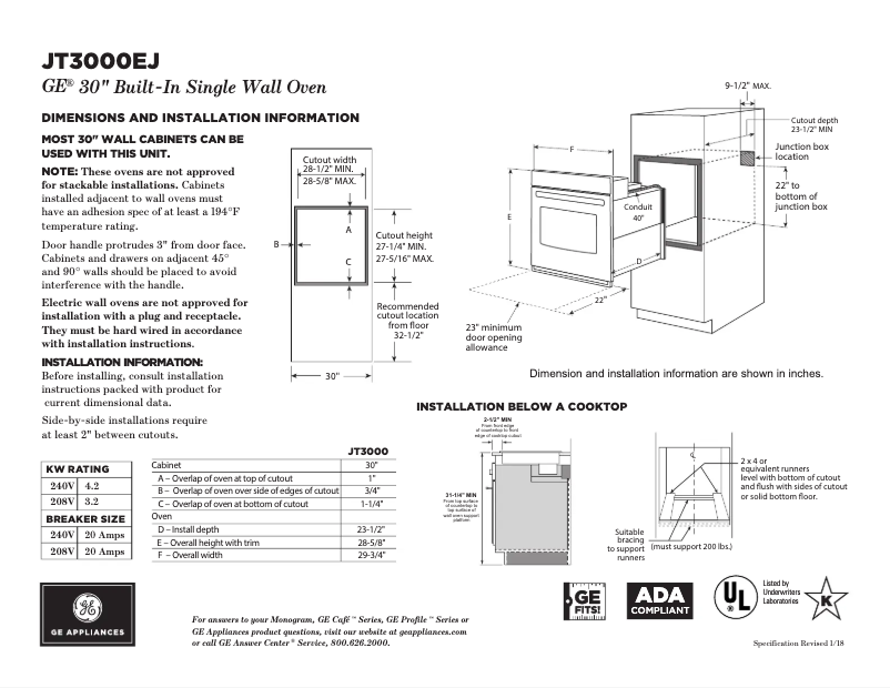 Page 1 de la notice Fiche technique GE JT3000EJES