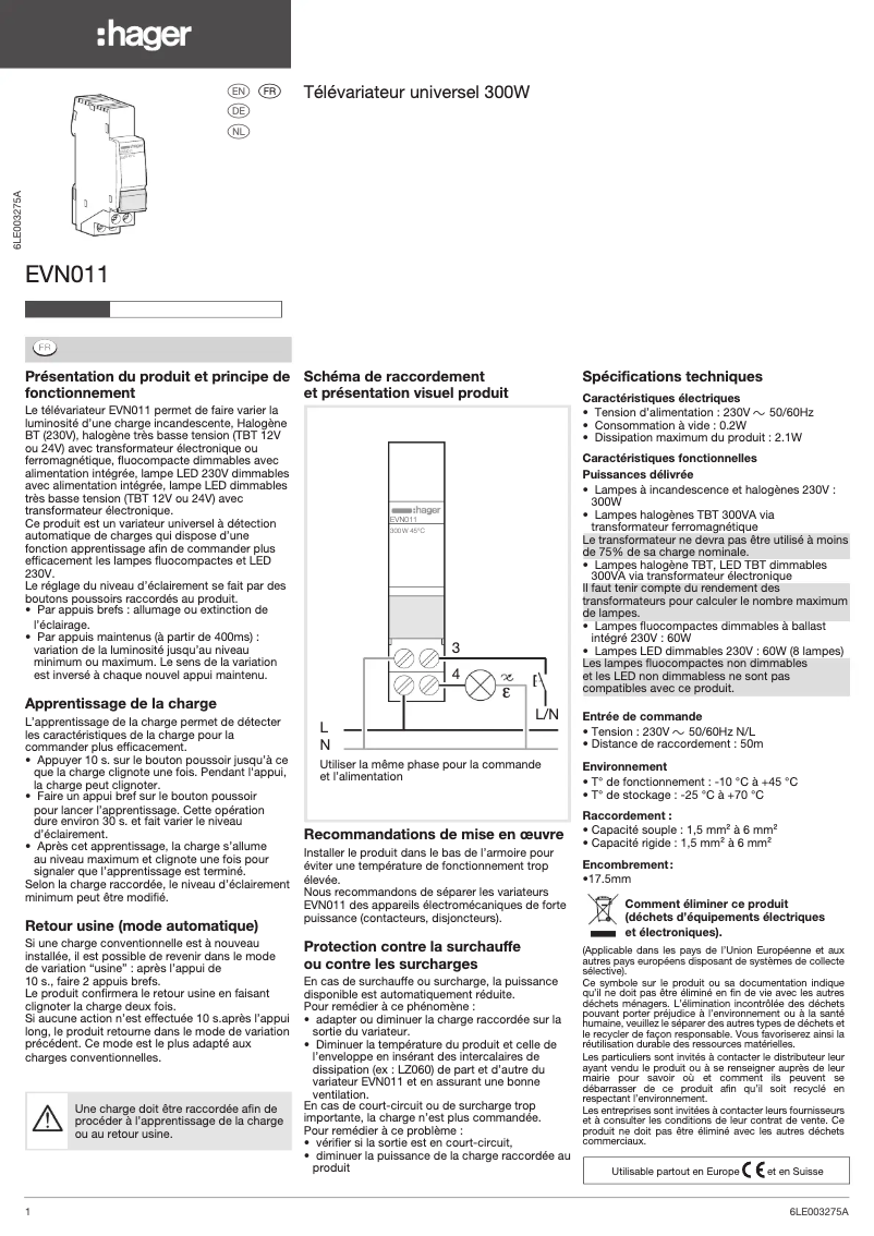 Page 1 de la notice Manuel utilisateur Hager EVN011