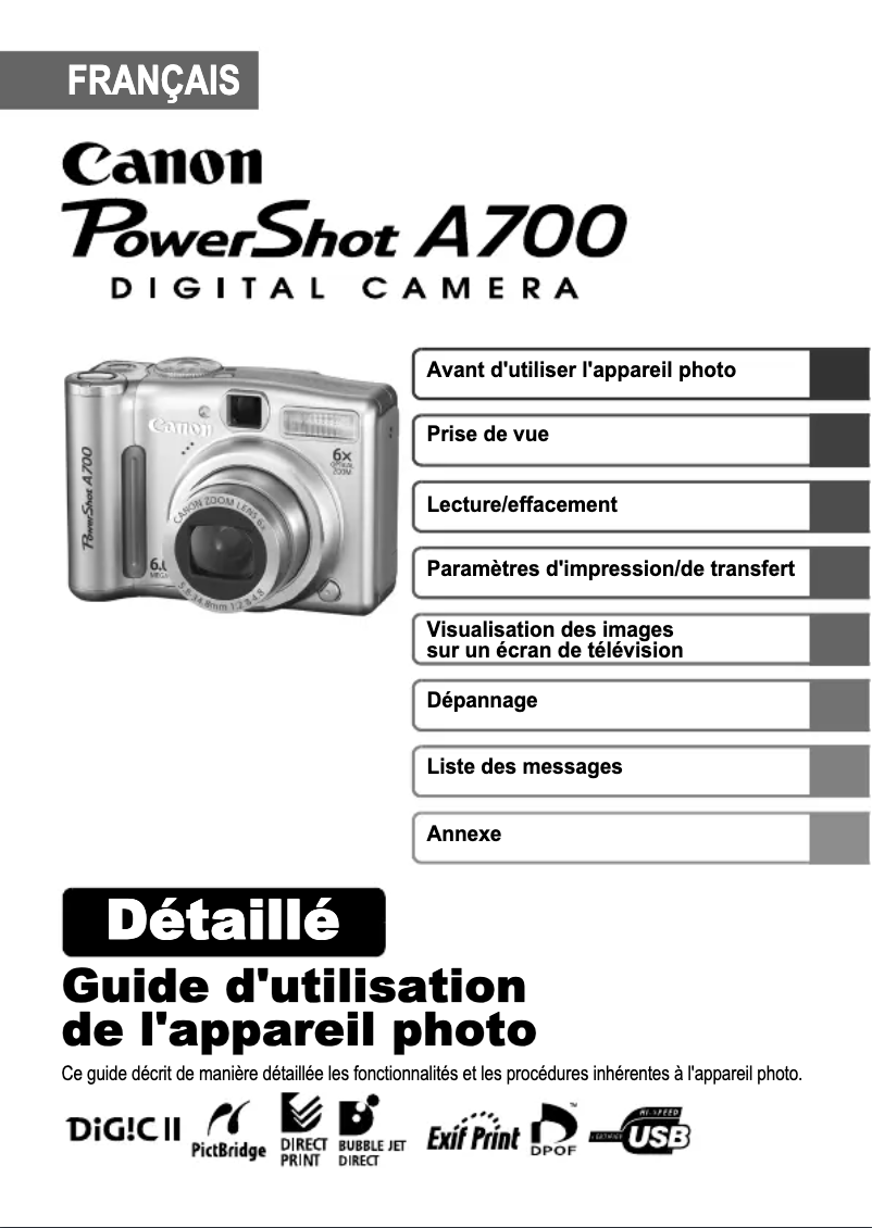 Page 1 de la notice Manuel utilisateur Canon PowerShot A700