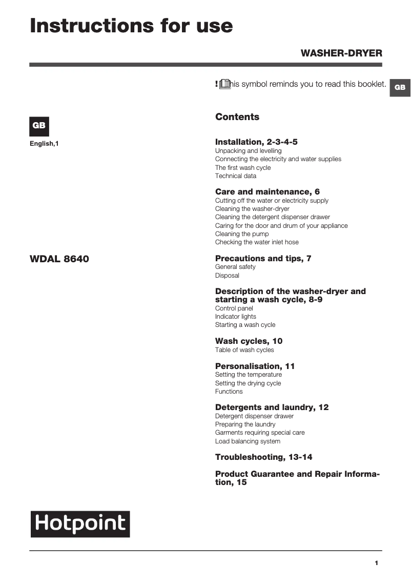 Page 1 de la notice Manuel utilisateur Hotpoint WDAL 8640P UK