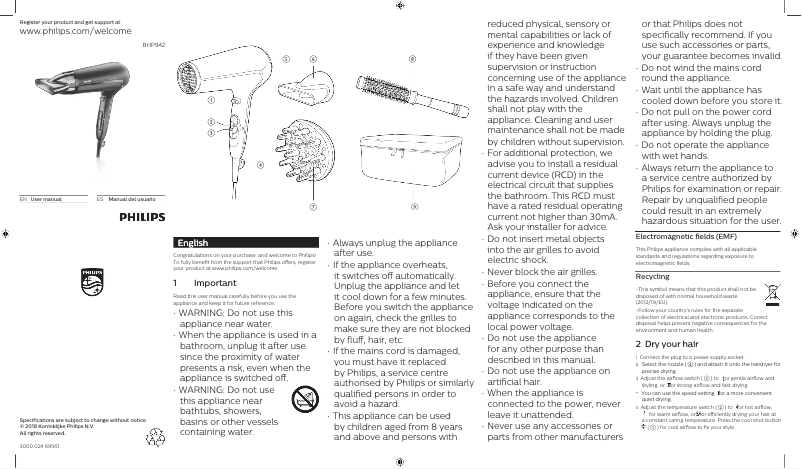 Page n°1 - Manuel utilisateur Philips DryCare Advanced BHP942