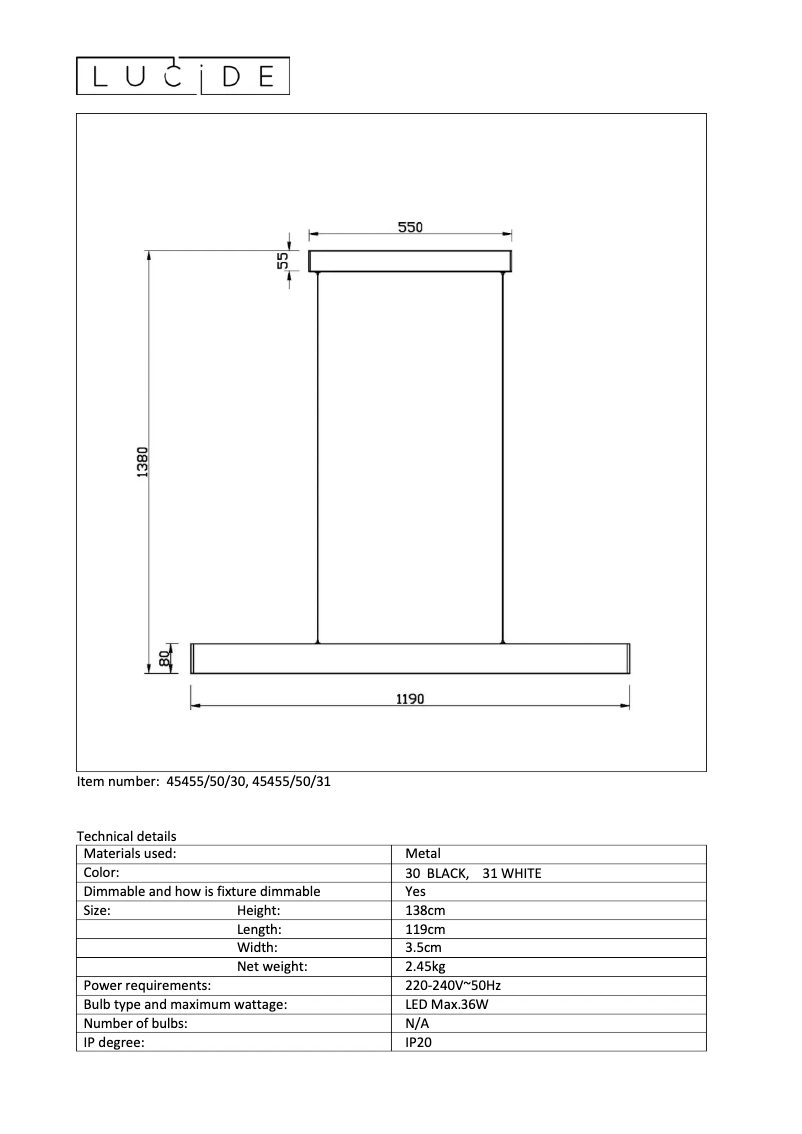 Page 1 de la notice Manuel utilisateur Lucide Raya led 45455/50/31