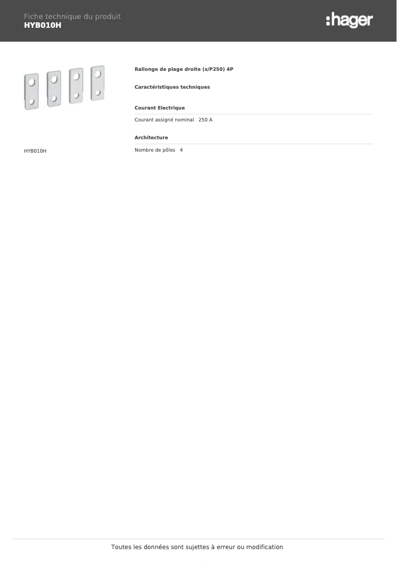 Page 1 de la notice Fiche technique Hager HYB010H