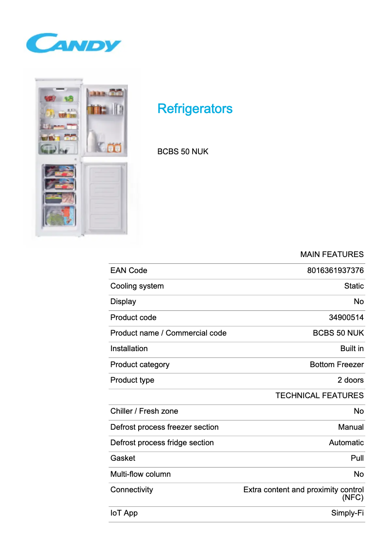 Page 1 de la notice Fiche technique Candy BCBS 50 NUK