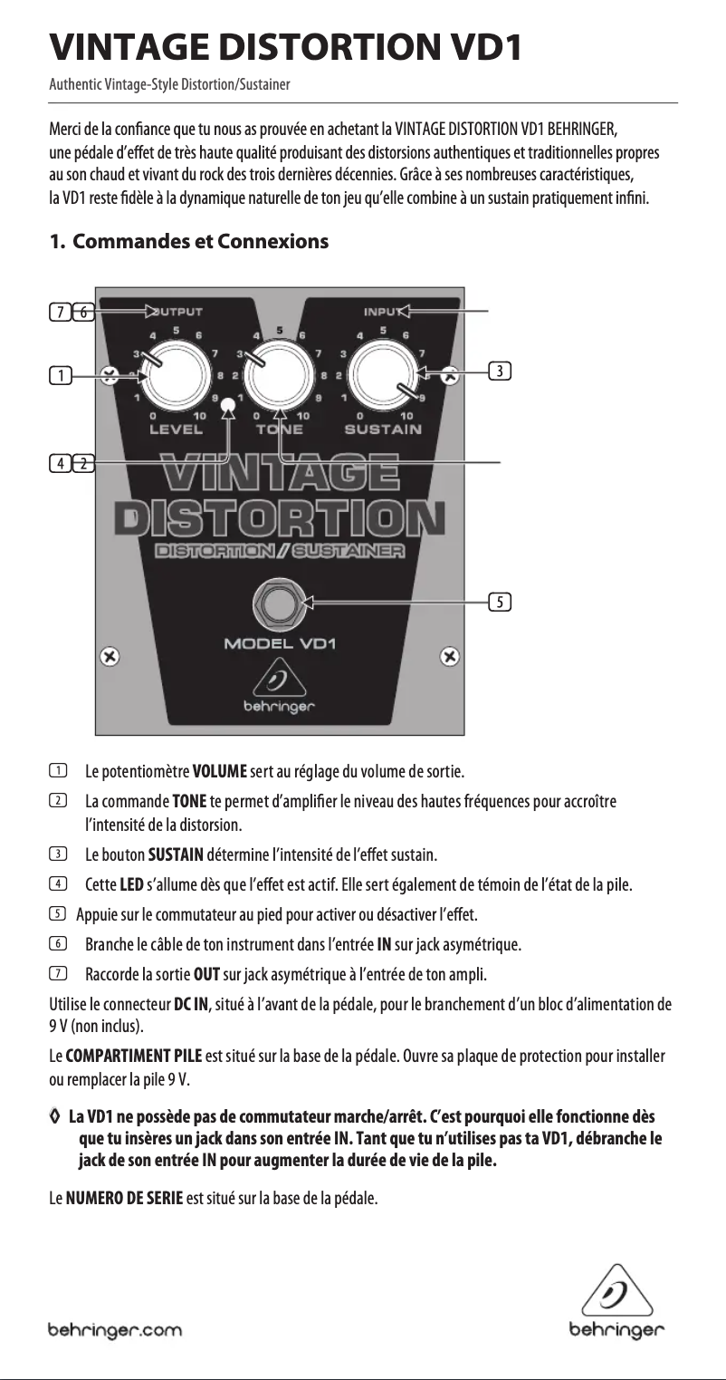 Page 1 de la notice Manuel utilisateur Behringer Vintage Distortion VD1