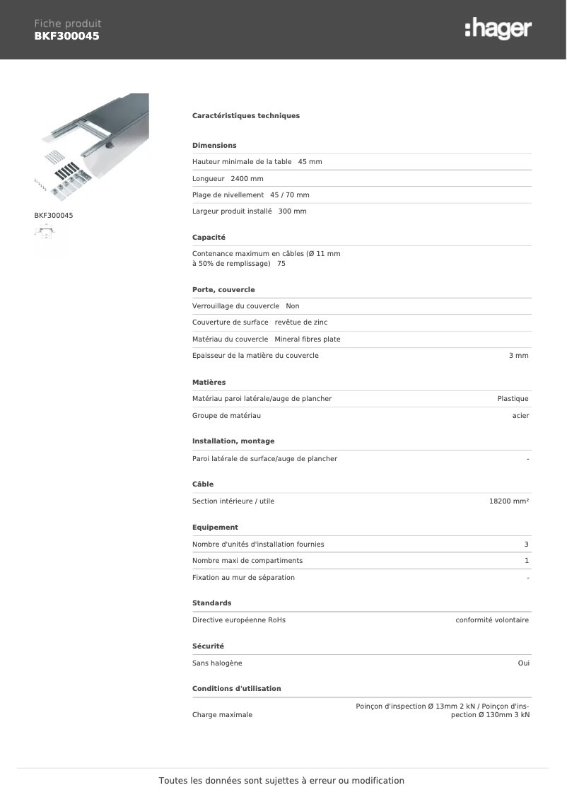 Page 1 de la notice Fiche technique Hager BKF300045