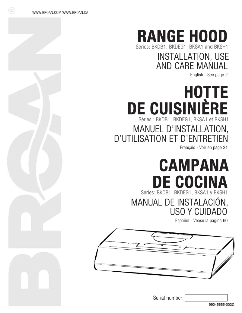 Page n°1 - Manuel utilisateur Broan BKDEG130SS