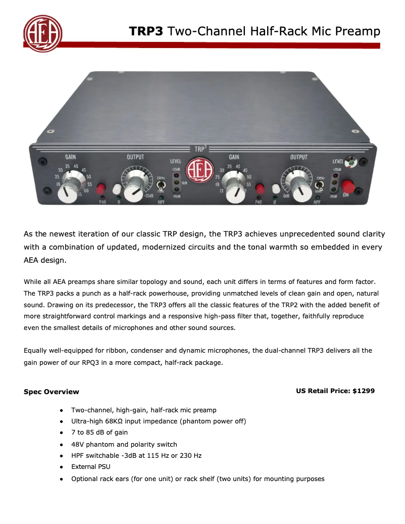 Page 1 de la notice Fiche technique AEA TRP3