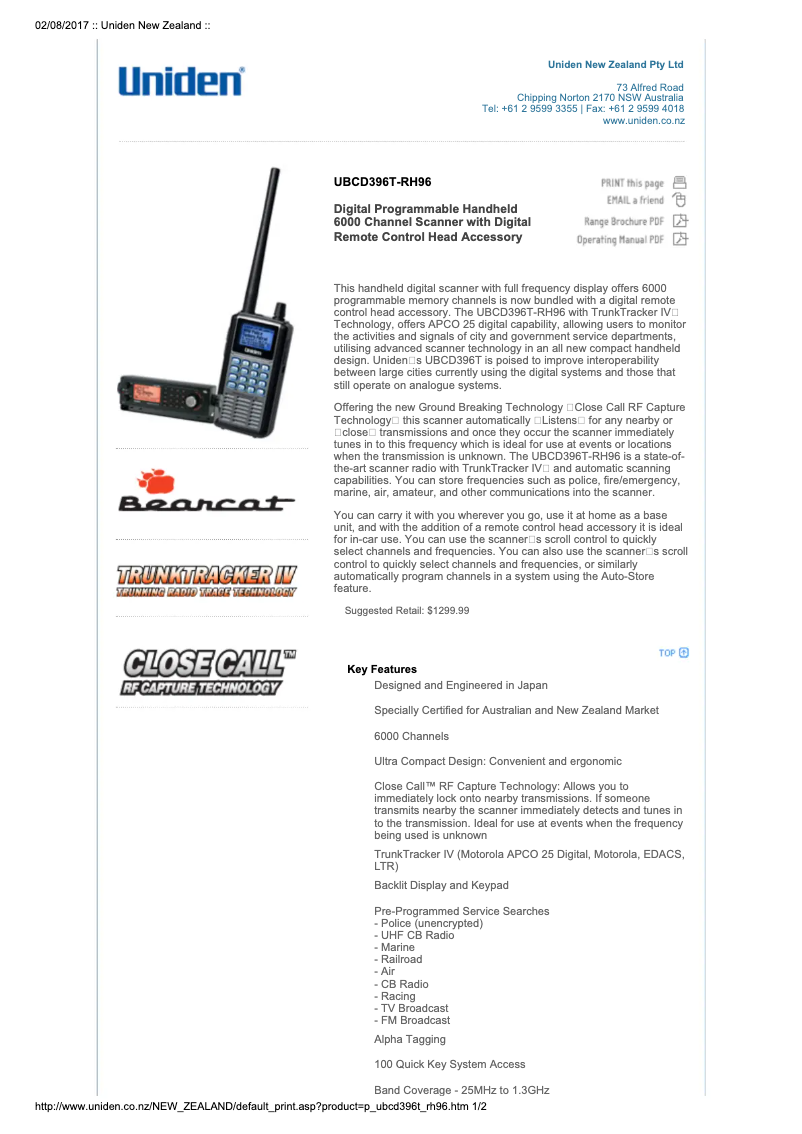 Page 1 de la notice Manuel utilisateur Uniden UBCD396T-RH96