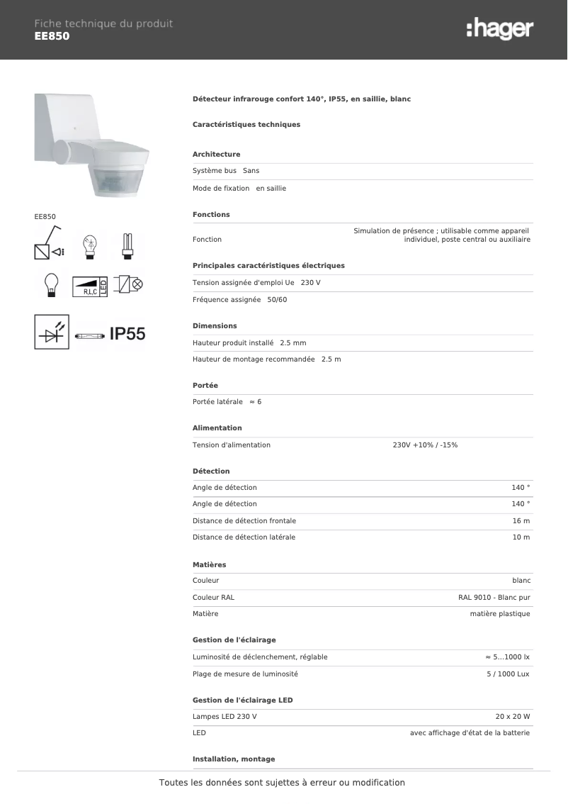 Page n°1 - Fiche technique Hager EE850