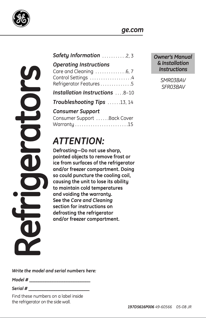 Page 1 de la notice Manuel utilisateur GE SFR03BAVBB