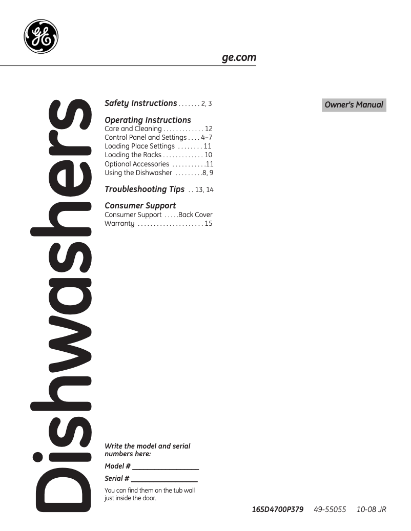 Page 1 de la notice Manuel d'utilisation et d'entretien GE EDW5100NWW