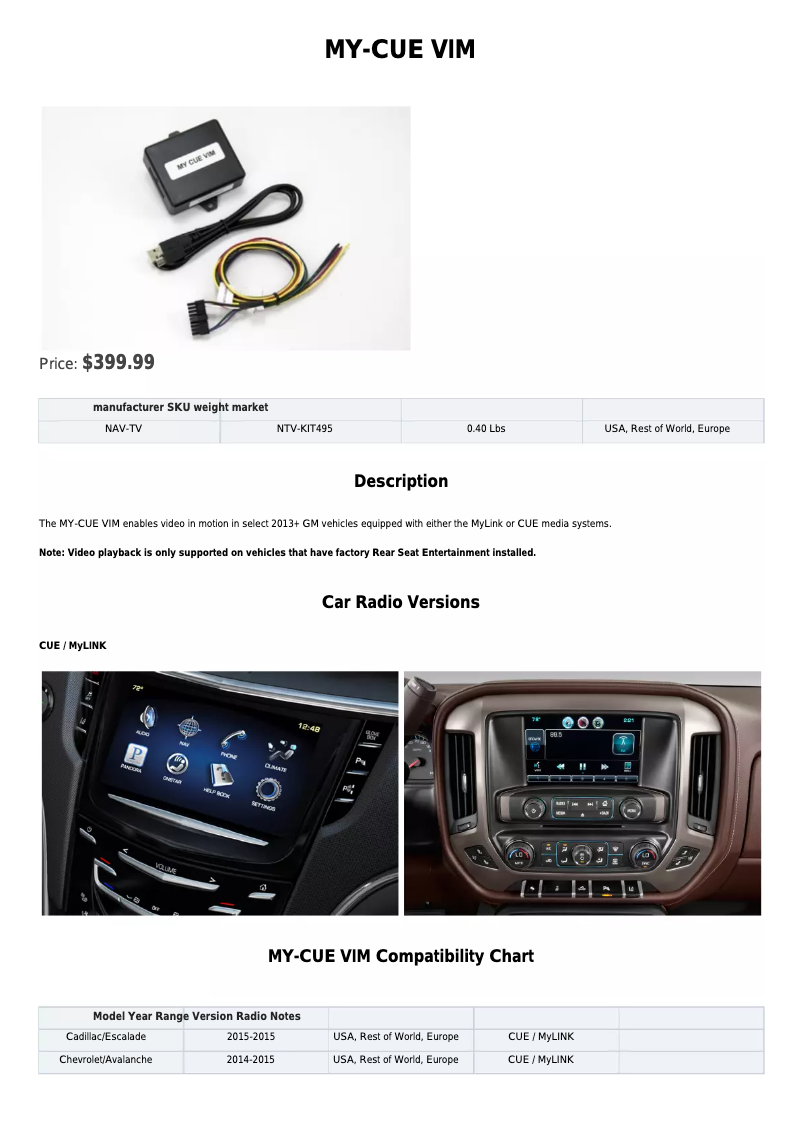 Page 1 of the manual Technical Sheet NAV-TV NVT-KIT495