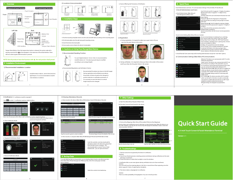Page 1 de la notice Guide de démarrage rapide ZKTeco uFace401