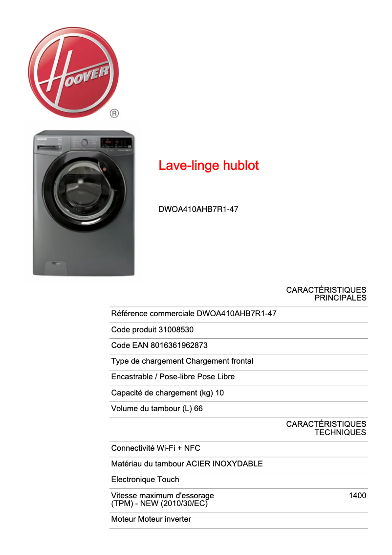Image de la première page du manuel de l'appareil Dynamic Next DWOA410AHB7R1-47