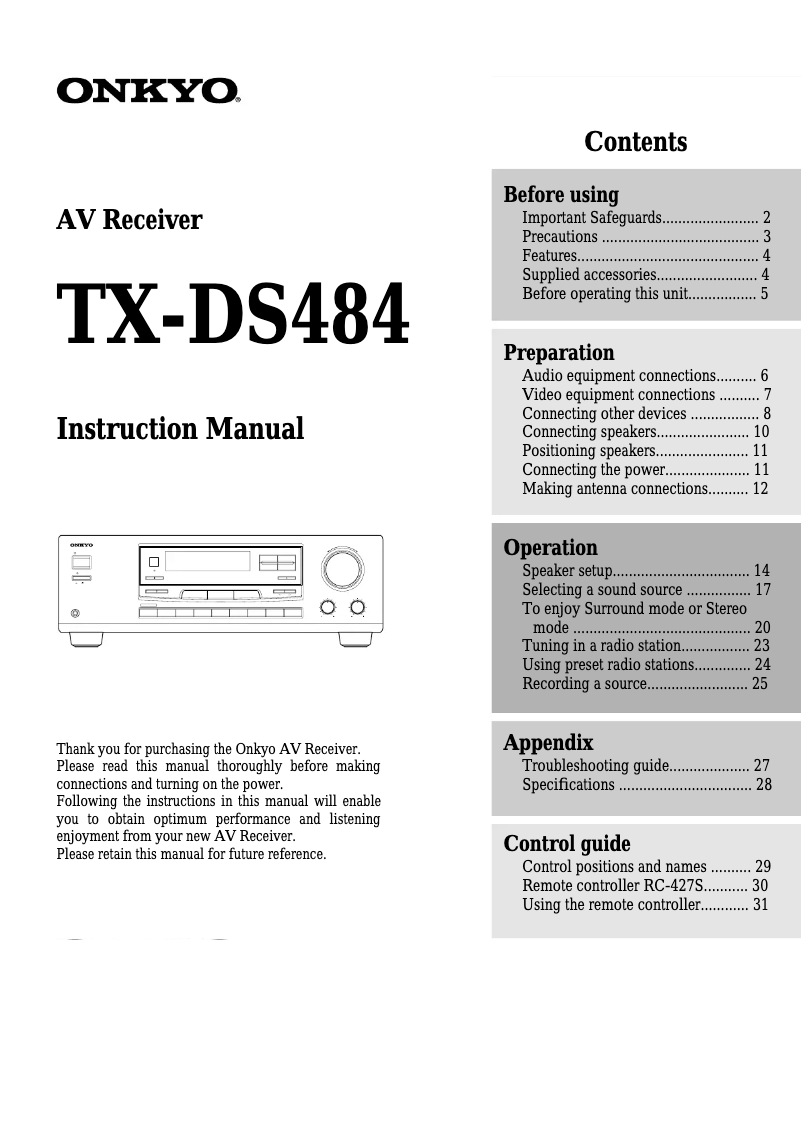 Page n°1 - Manuel utilisateur Onkyo TX-DS484