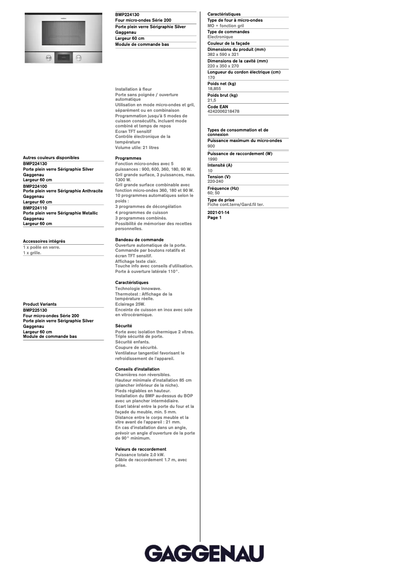 Página 1 del manual Ficha técnica Gaggenau BMP224130