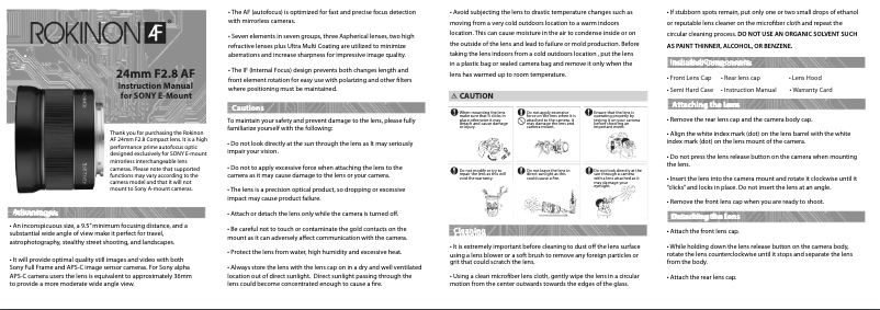 Page 1 de la notice Manuel utilisateur Samyang 24mm f/2.8 AF Sony FE