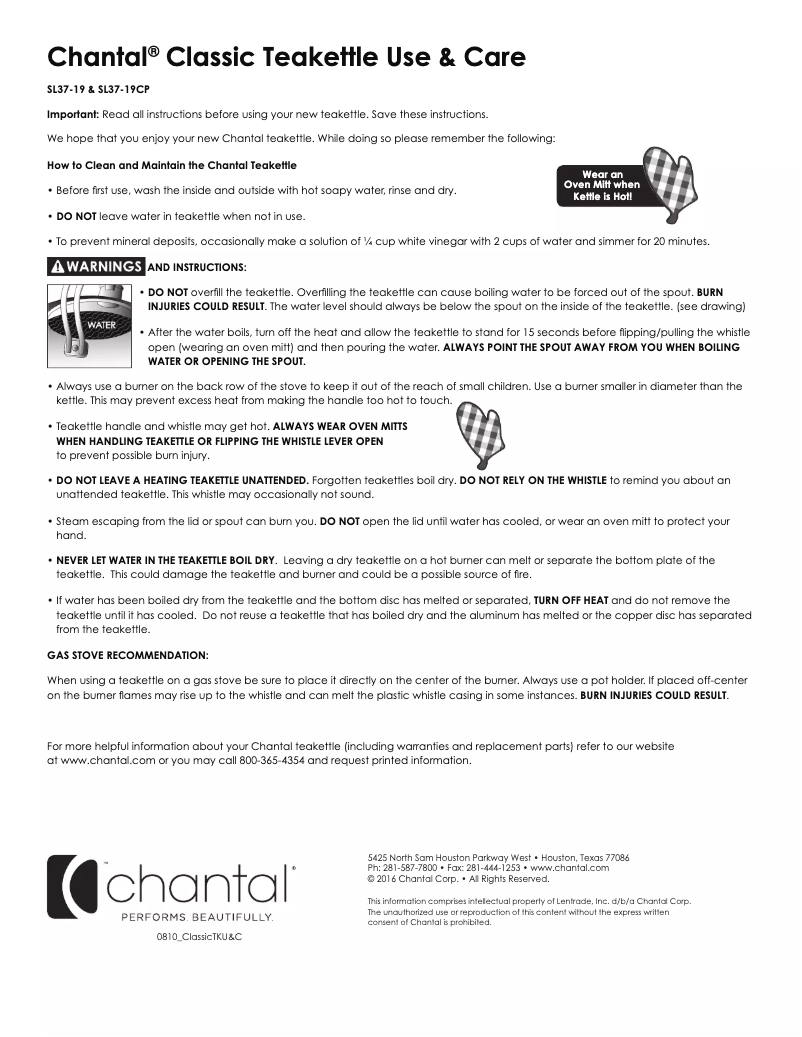 Page n°1 - Manuel utilisateur Chantal SL37-19CP