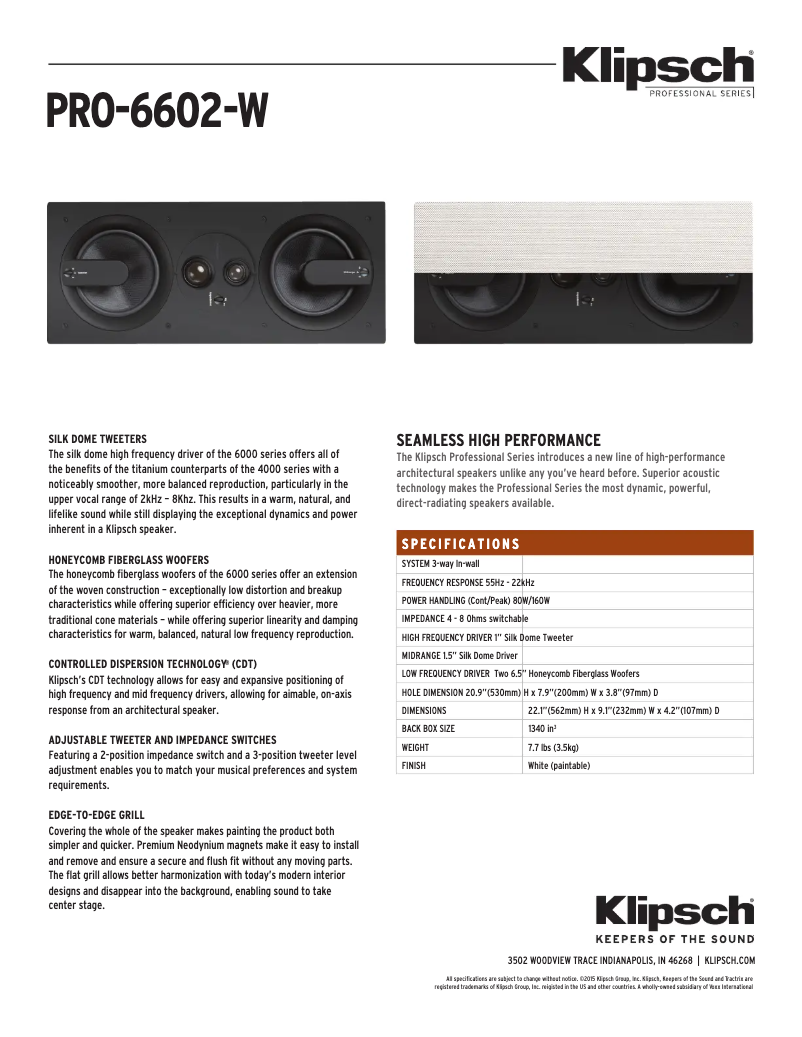Page n°1 - Fiche technique Klipsch PRO-6602-W
