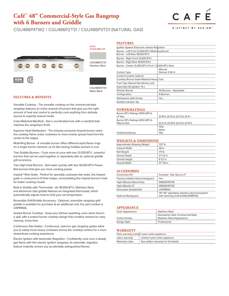 Page n°1 - Fiche technique GE CGU486P2TS1