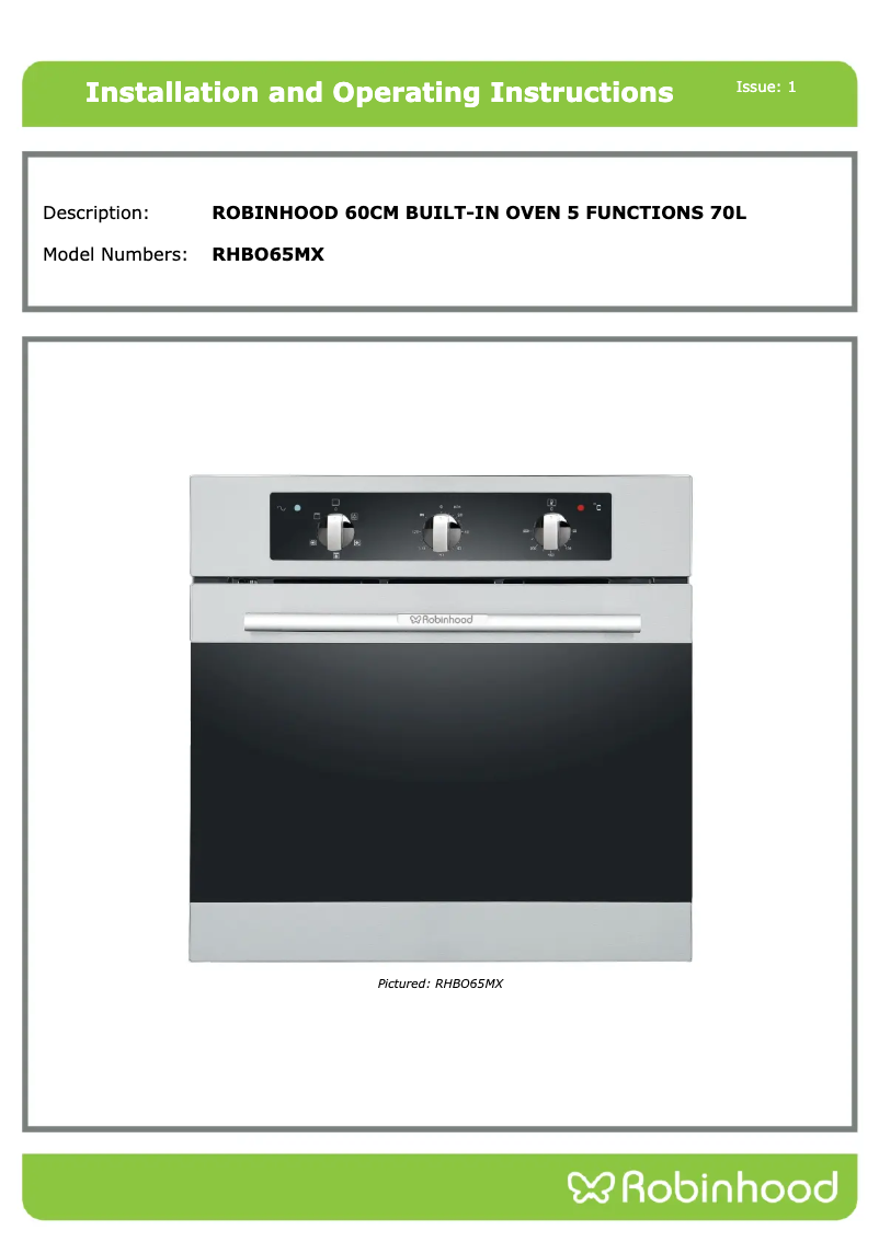 Page n°1 - Manuel utilisateur Robinhood RHBO65DX
