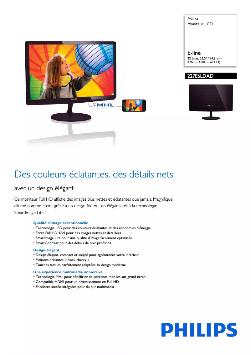 Page n°1 - Fiche technique Philips 227E6LDAD