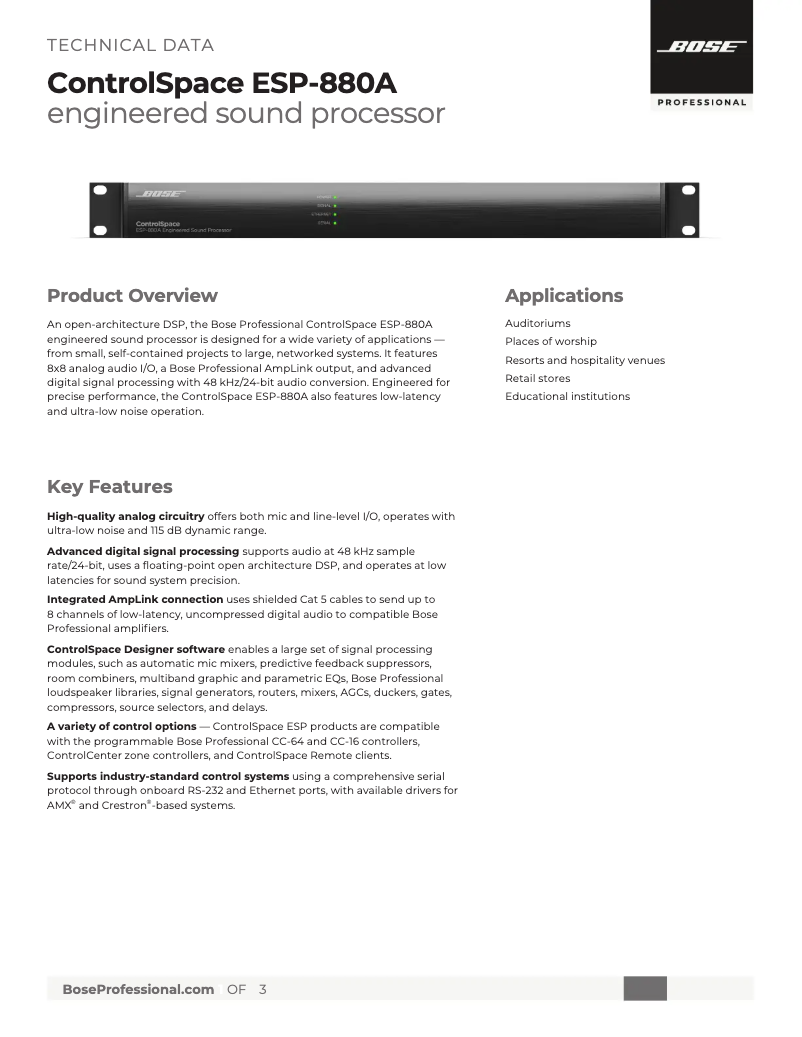 Page 1 de la notice Fiche technique Bose ControlSpace ESP-880A