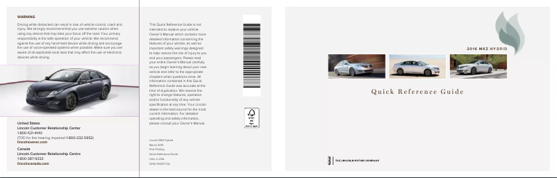 Image de la première page du manuel de l'appareil MKZ Hybrid (2016)