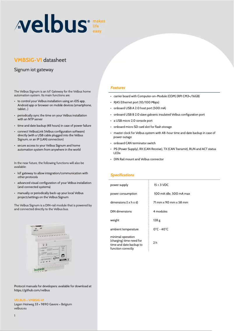 Page 1 de la notice Fiche technique Velbus VMBSIG