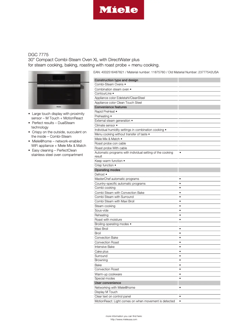 Page n°1 - Fiche technique Miele DGC 7775