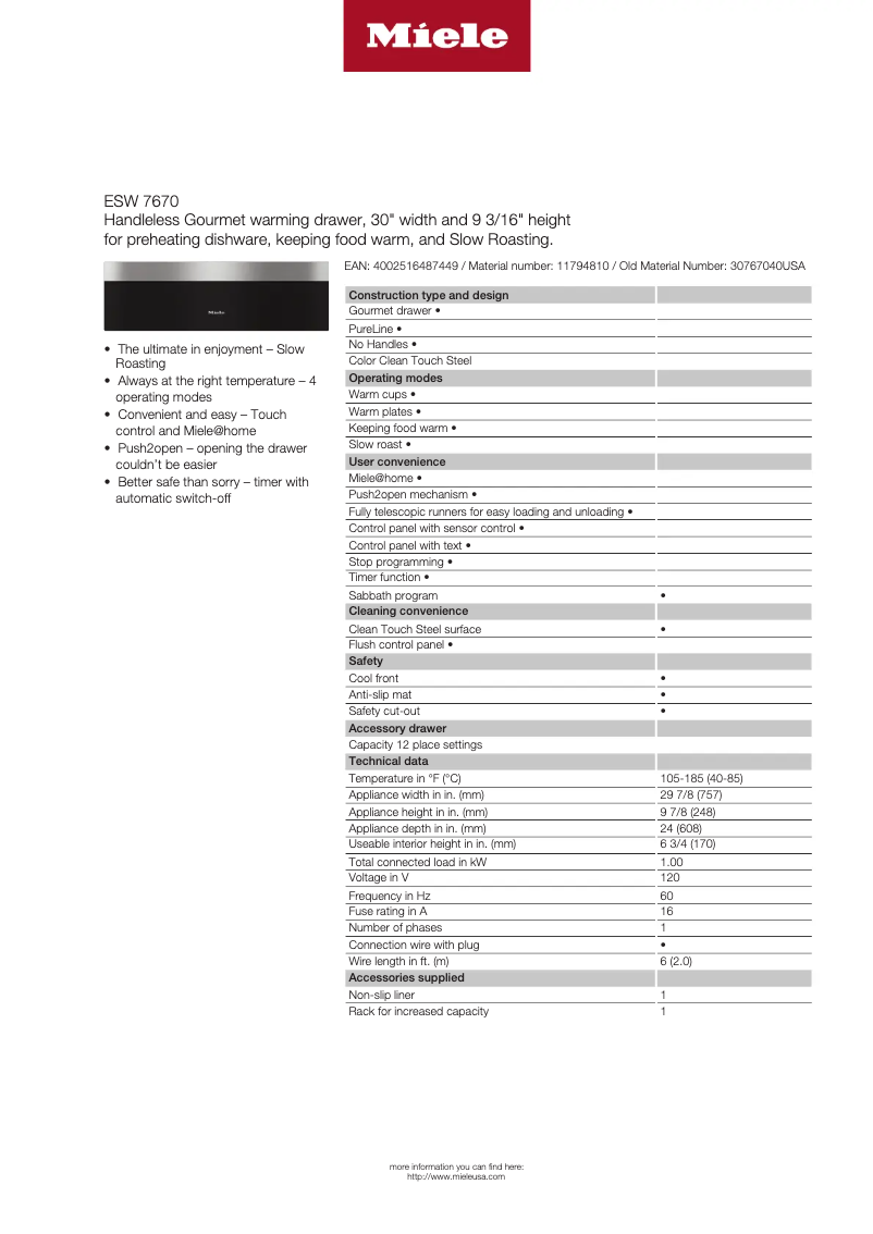 Page n°1 - Fiche technique Miele ESW 7670