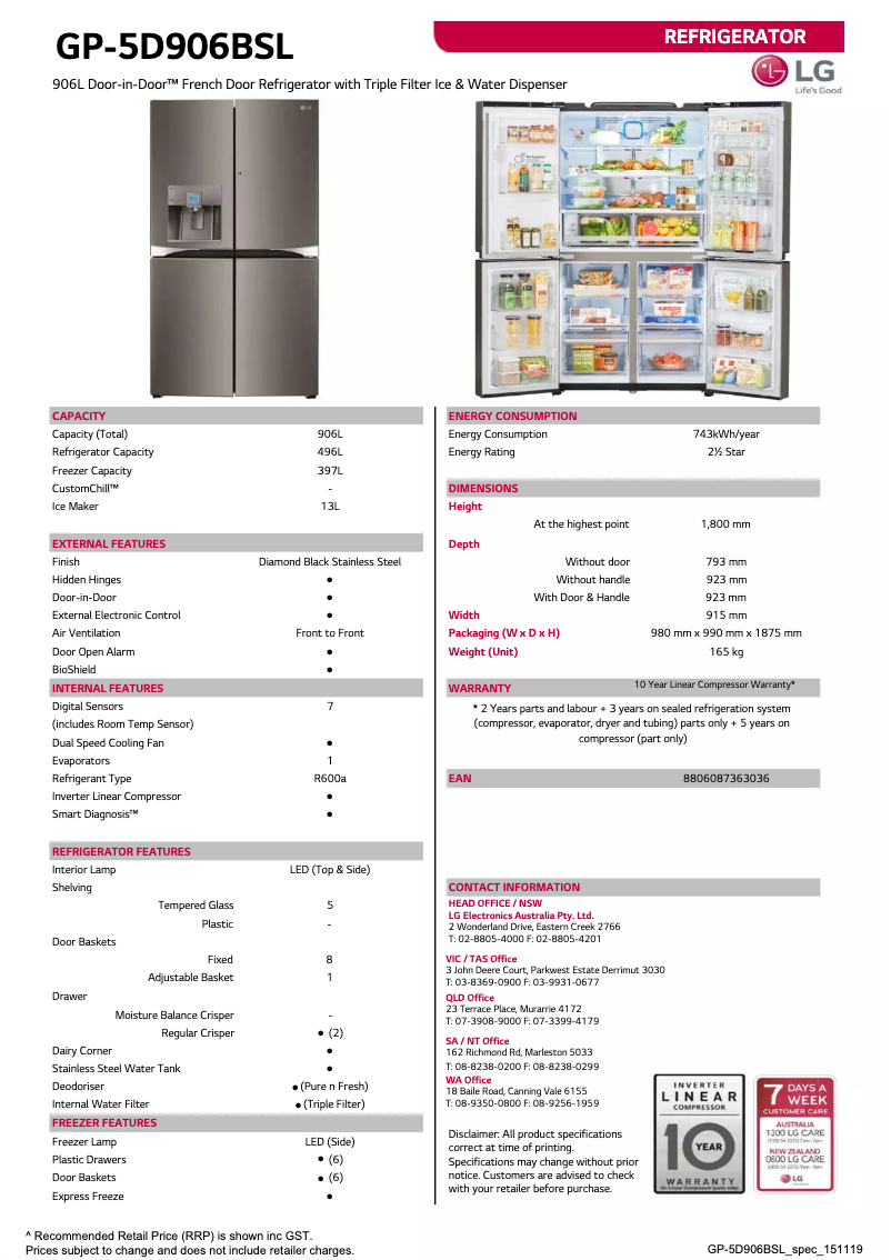Página 1 del manual Ficha técnica LG GP-5D906BSL