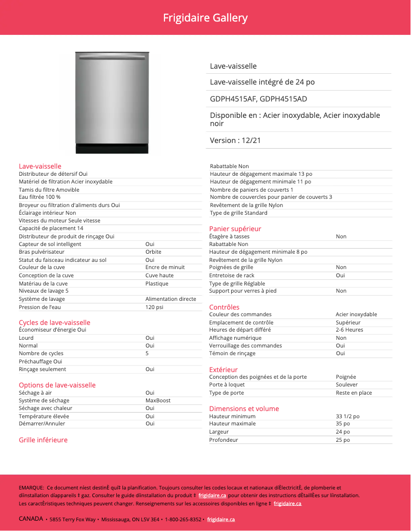 Page 1 de la notice Fiche technique Frigidaire GDPH4515AD