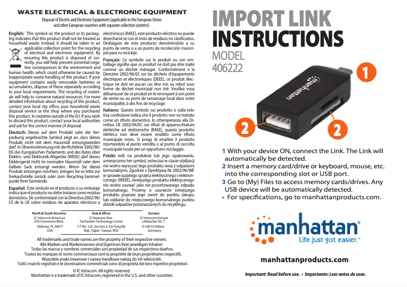 Page 1 de la notice Manuel utilisateur Manhattan 406222