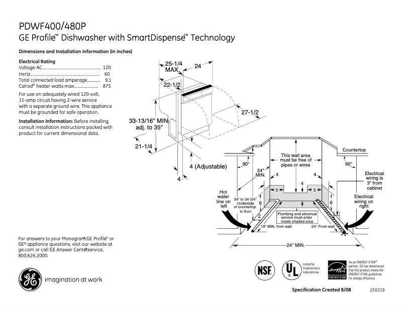 Page n°1 - Fiche technique GE Profile PDWF400PBB