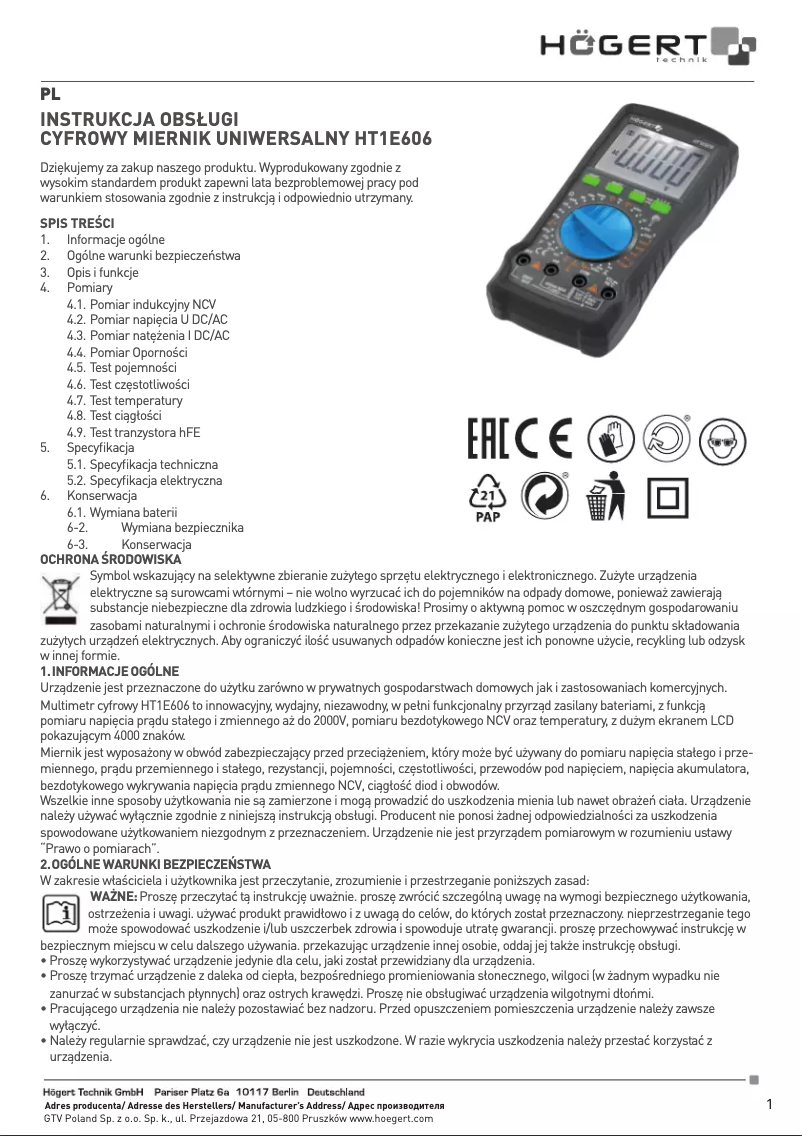 Page 1 de la notice Manuel utilisateur Högert HT1E606