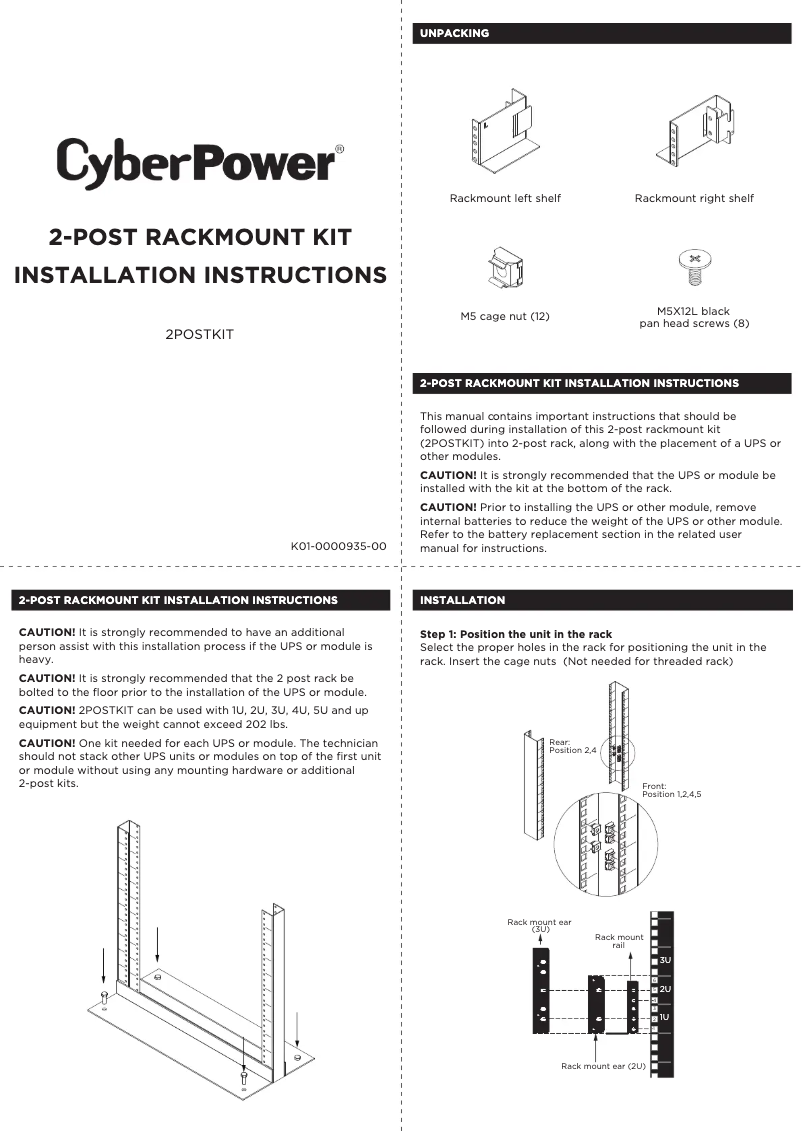 Page 1 de la notice Manuel utilisateur CyberPower 2POSTKIT