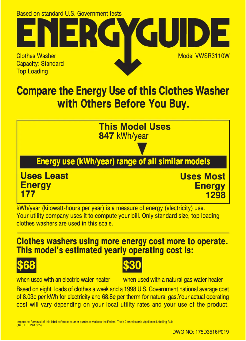 Page 1 de la notice Label énergétique Hotpoint VWSR3110WWW