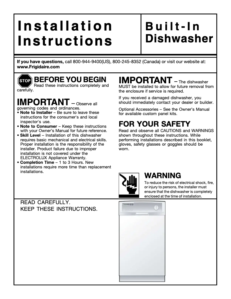 Page 1 de la notice Guide d'installation Frigidaire FFBD1821MW