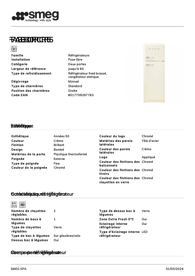 Page 1 de la notice Fiche technique Smeg FAB30RCR5