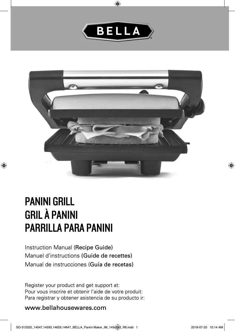 Page n°1 - Manuel utilisateur Bella 8.5" x 9.5" Panini Grill