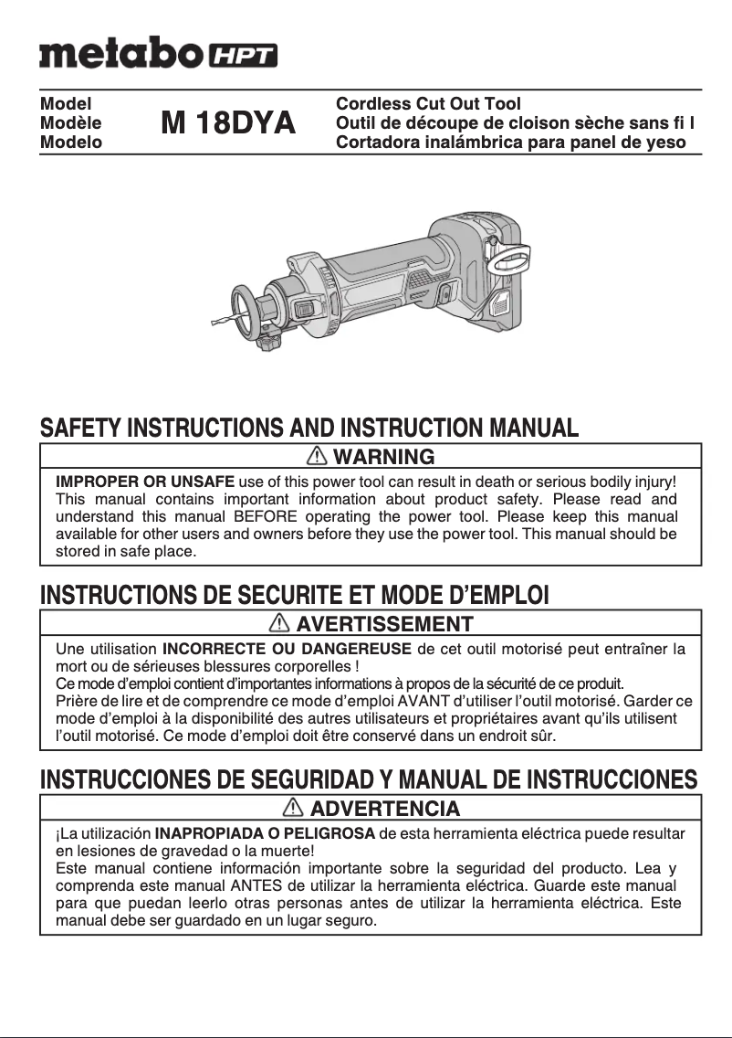 Page 1 de la notice Manuel utilisateur Metabo M18DYA