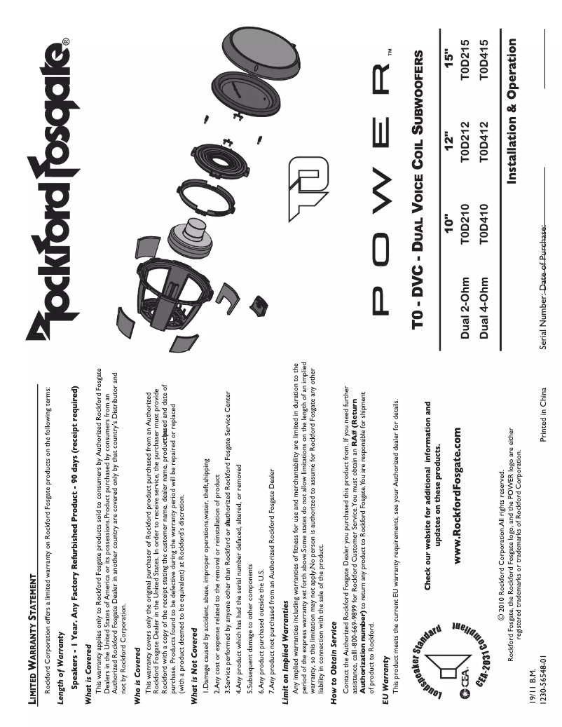 Page 1 de la notice Manuel utilisateur Rockford Fosgate Power T0D412