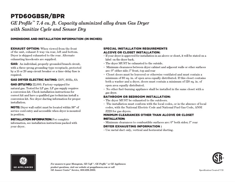 Page n°1 - Fiche technique GE Profile PTD60GBPRDG