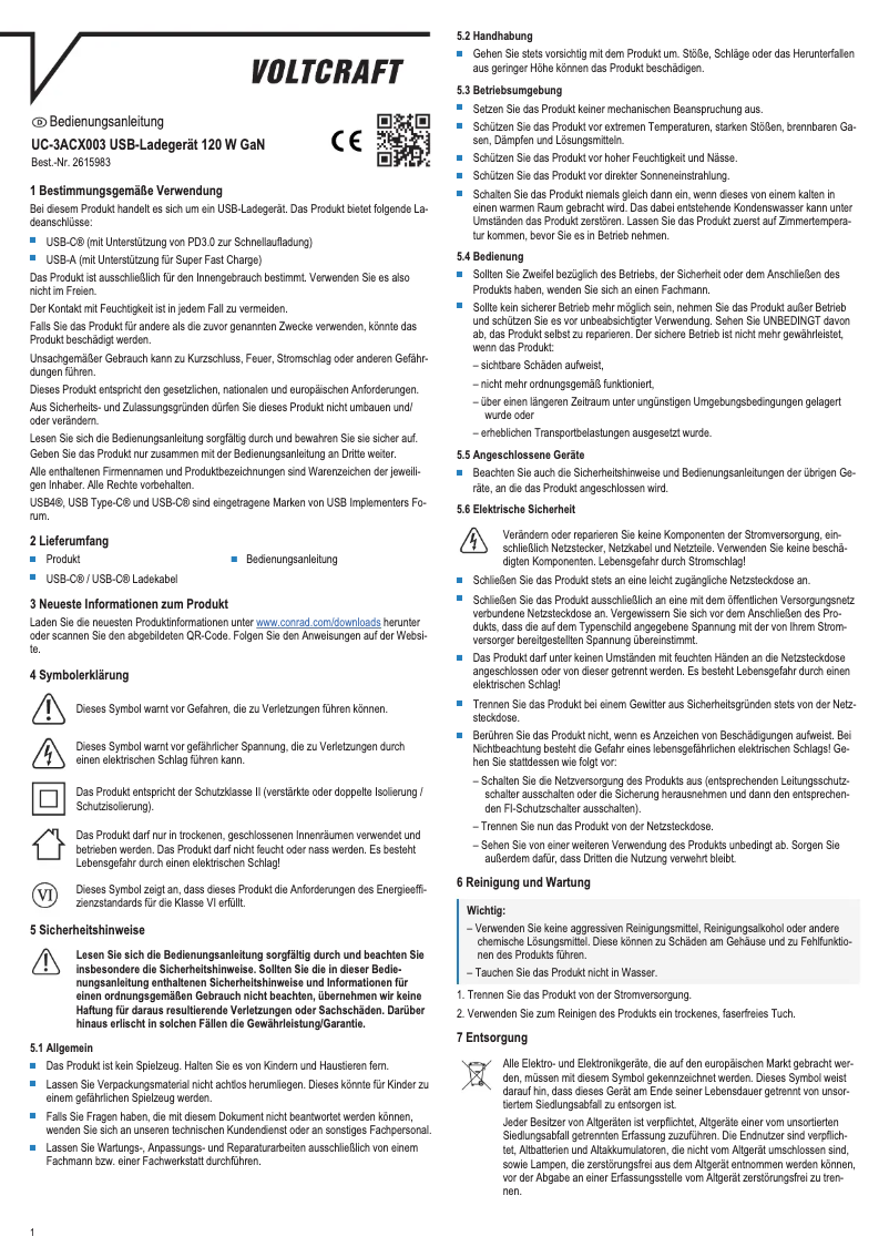 Page 1 de la notice Manuel utilisateur Voltcraft UC-3ACX003