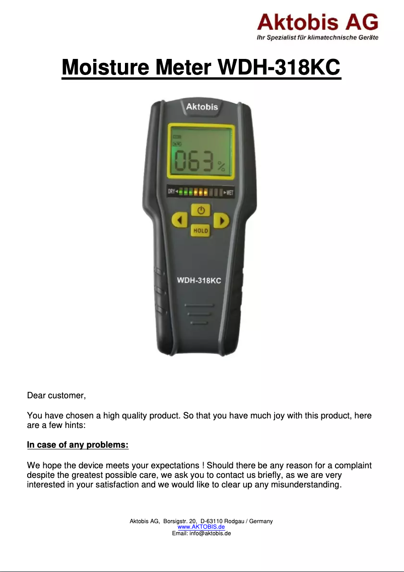 Page n°1 - Manuel utilisateur Aktobis WDH-318KC