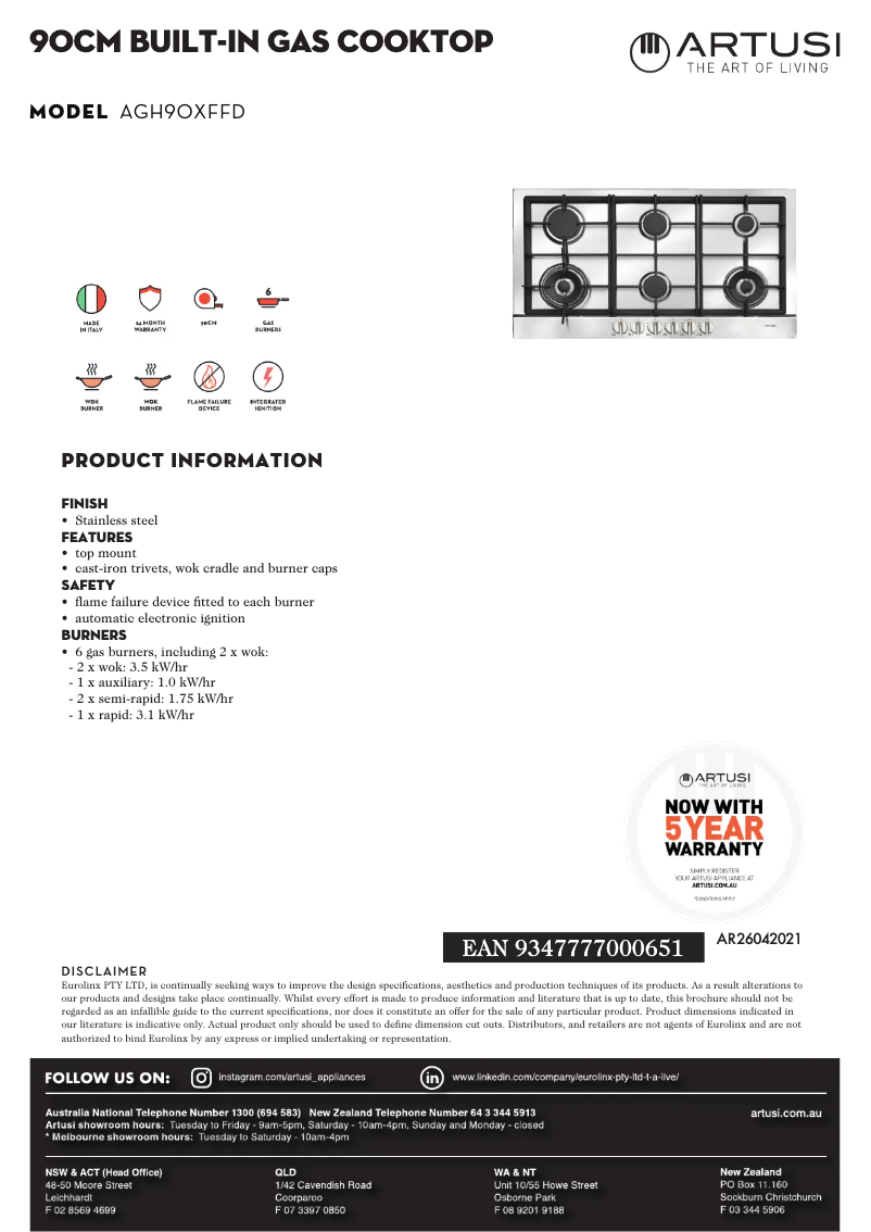 Page 1 de la notice Fiche technique Artusi AGH90XFFD