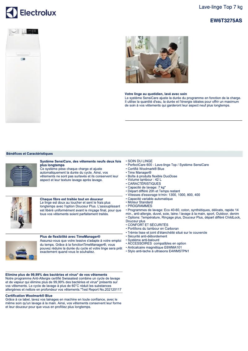 Page n°1 - Fiche technique Electrolux EW6T3275AS